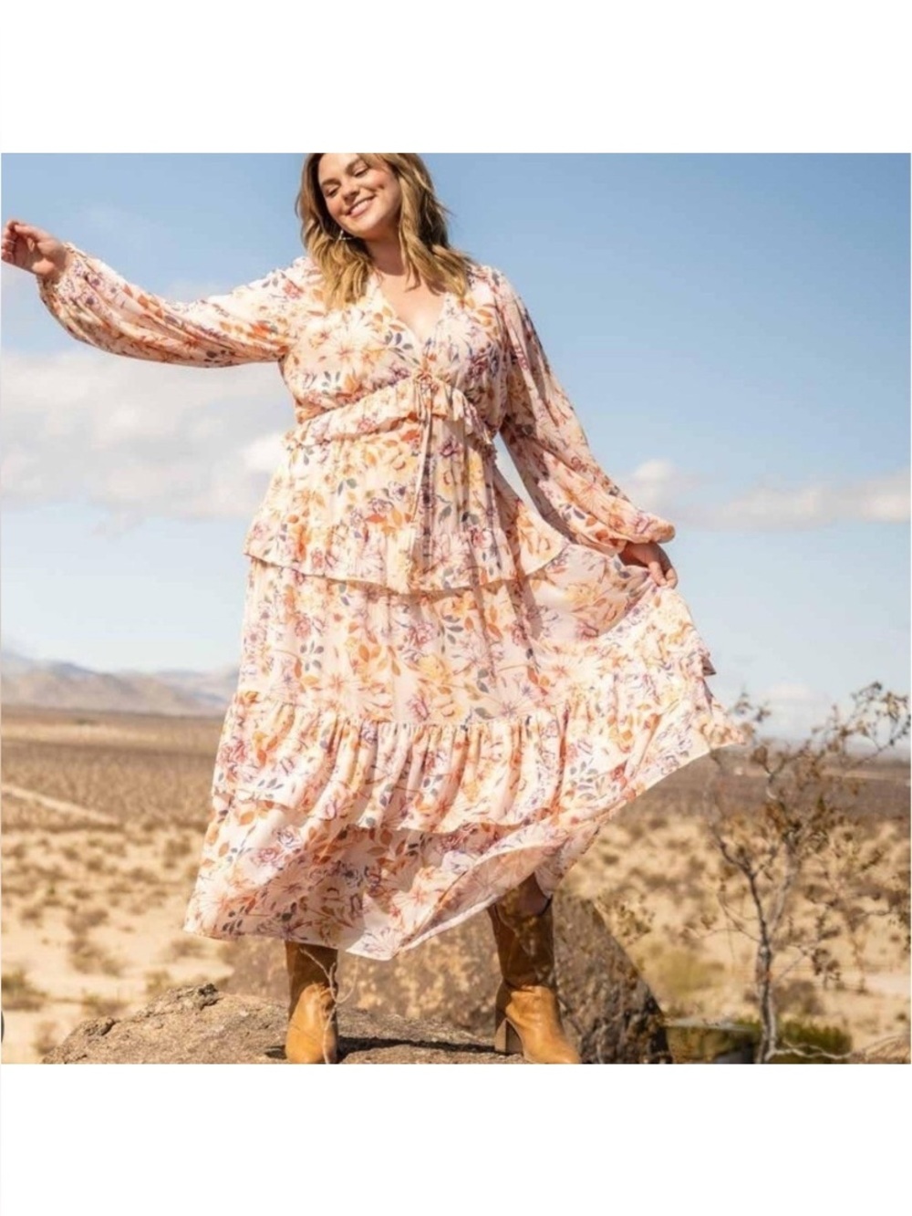 Arula Hudson Floral Tiered Maxi Dress Peach Pastel Chiffon Prairie Size 1X